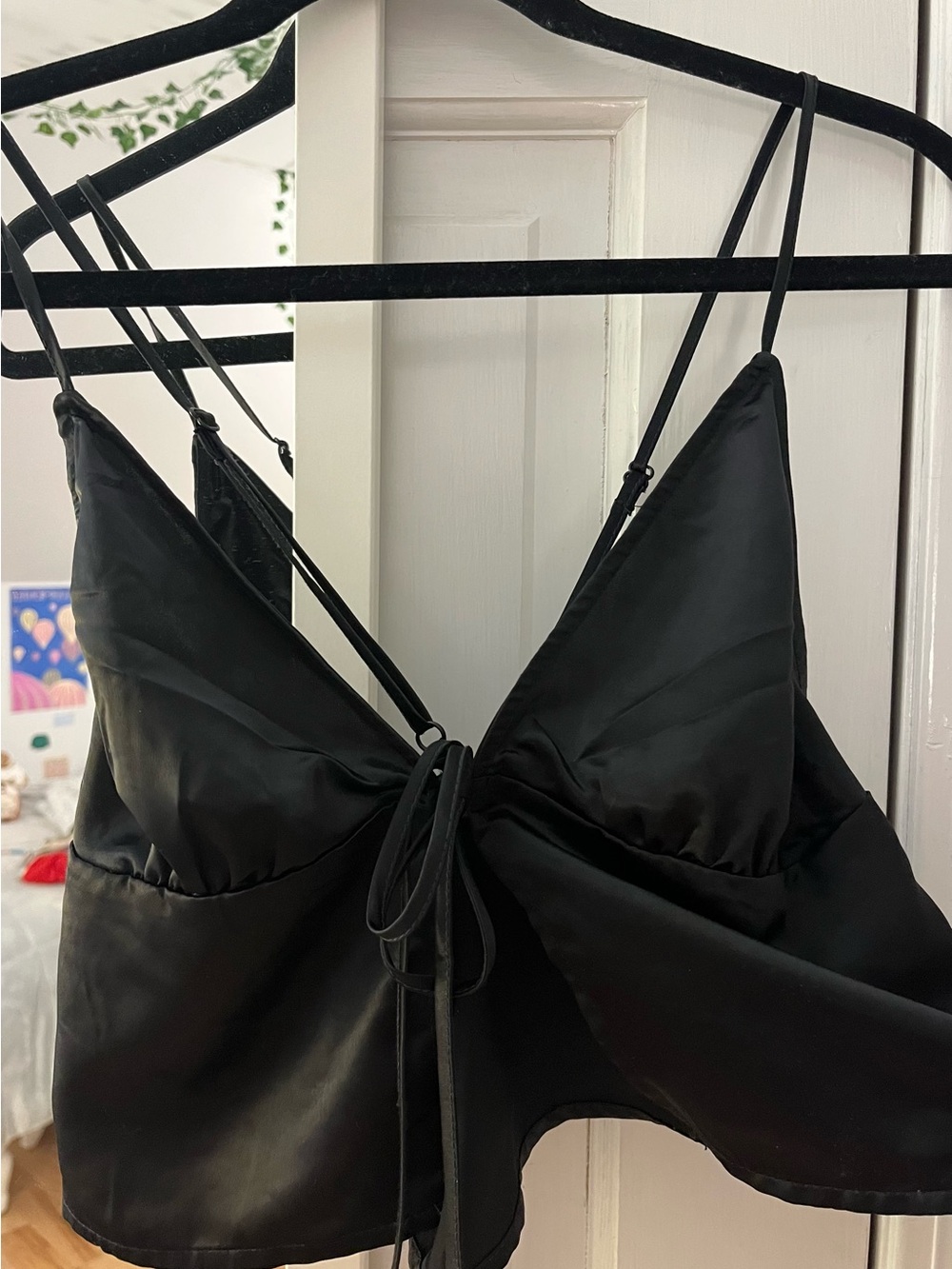 Black Satin Cami Crop Top with Tie Front